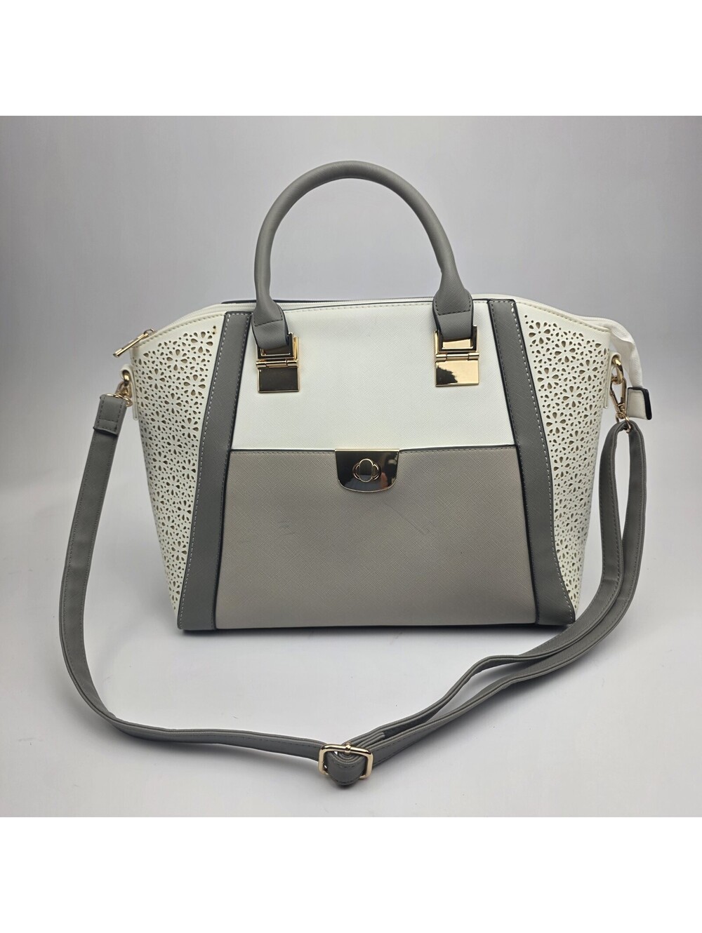 Ivory Gray Color Block Laser Cut Faux Leather Convertible Shoulder Handbag Bag